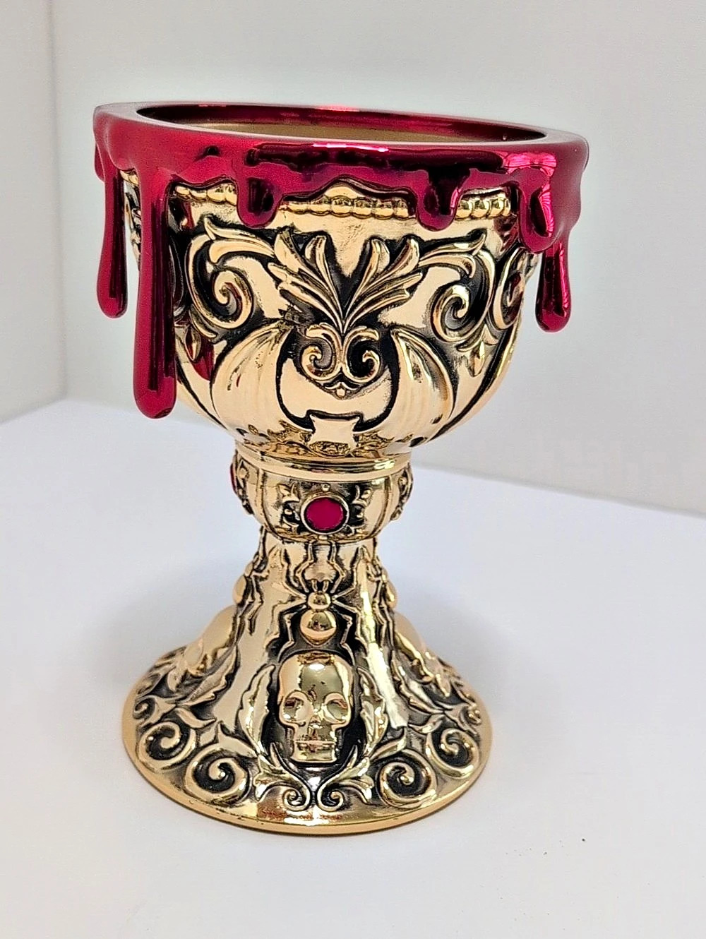 Bath & Body Works Gold & Red Skull Pedestal Candle Holder 3 Wick Decor NWT